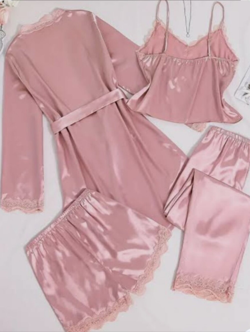 Pink Satin Lace Trim 4-Piece Sleepwear Set